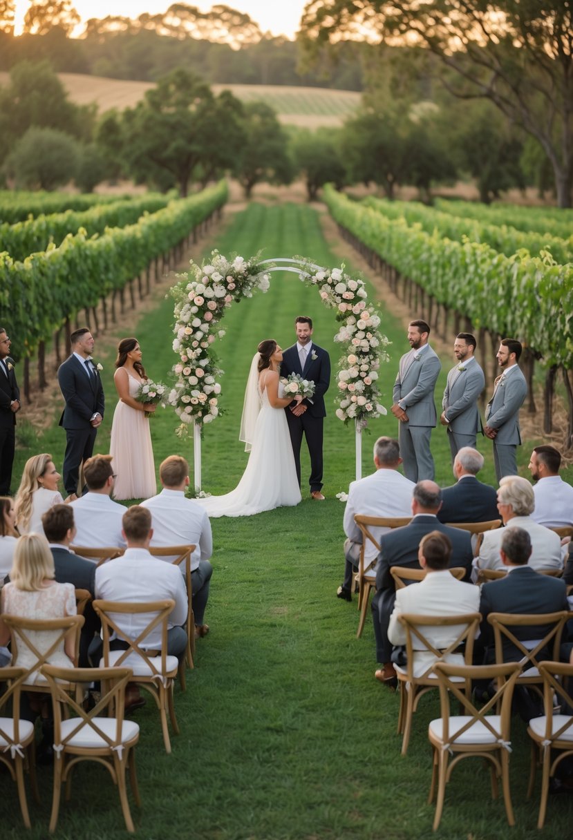 An outdoor wedding ceremony with about 50 guests seated on wooden chairs in a vineyard surrounded by grapevines, with the bride and groom standing under a floral arch.
