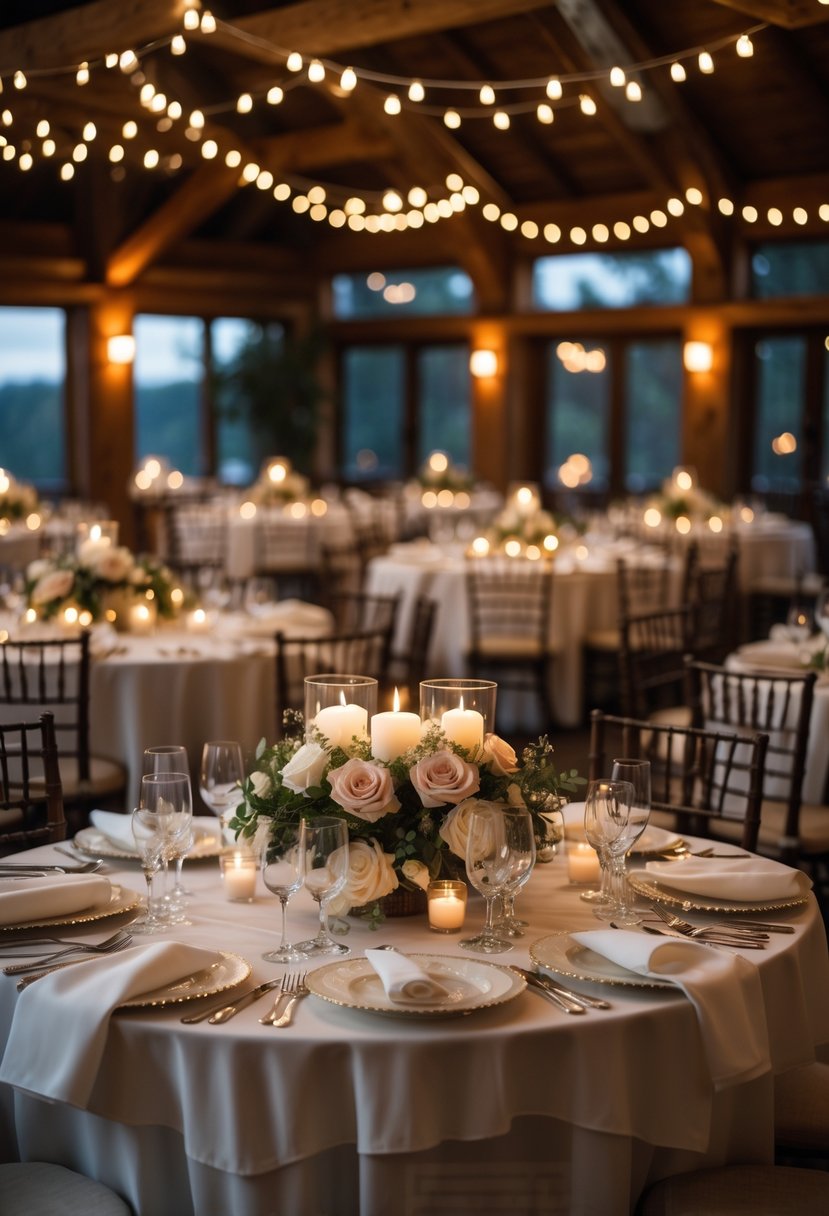 Candlelit dinner tables set for a small wedding with floral centerpieces and soft lighting in a cozy indoor venue.