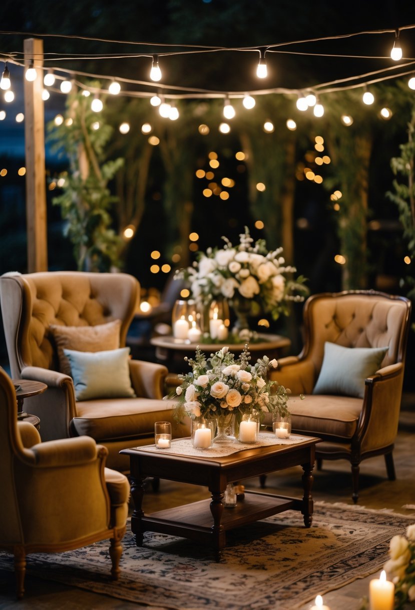 A cozy lounge area with vintage furniture arranged for guests, decorated with flowers and candles in a small wedding setting.
