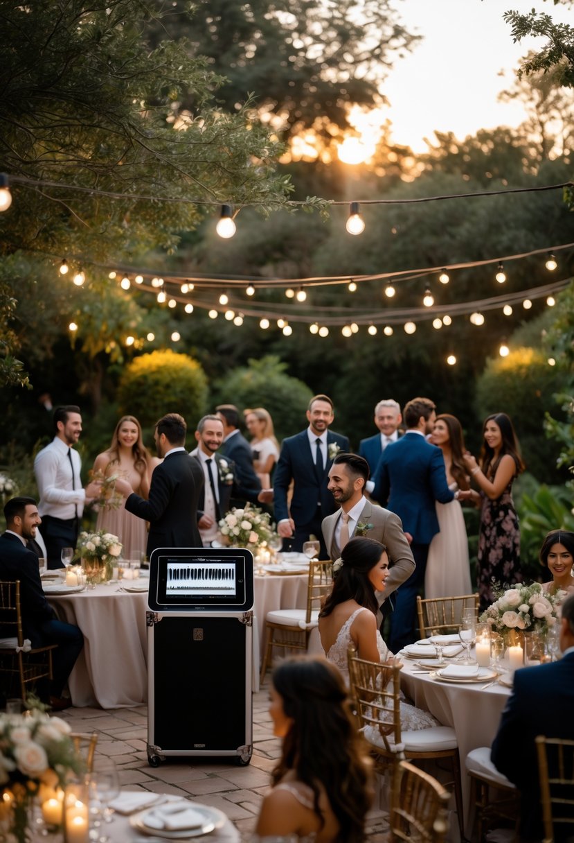 An outdoor wedding reception with about 50 guests socializing and dancing in a garden setting decorated with flowers and string lights.