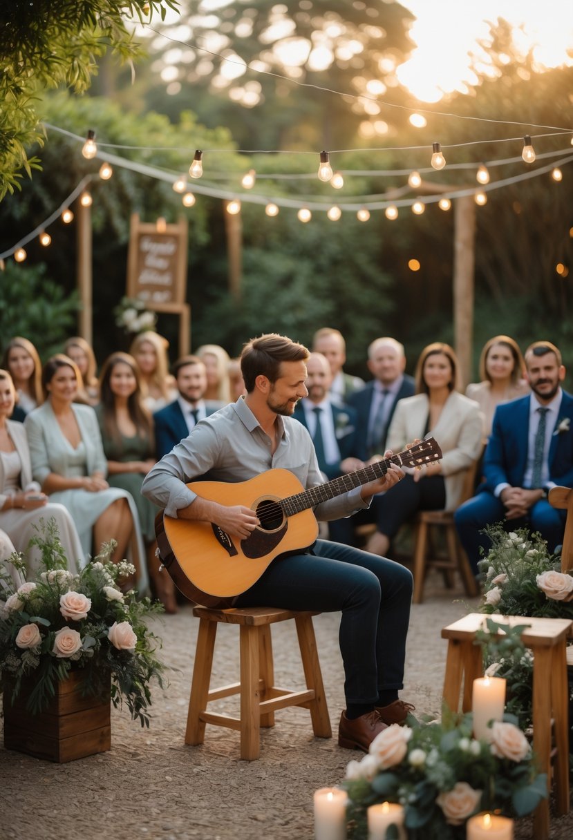 A live acoustic guitarist playing at a small outdoor wedding with about 50 guests seated and listening in a cozy garden setting.