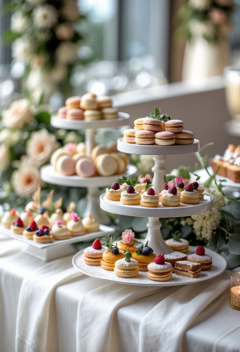 A small dessert table with an assortment of gourmet mini pastries arranged on tiered stands and platters, decorated with flowers and greenery.