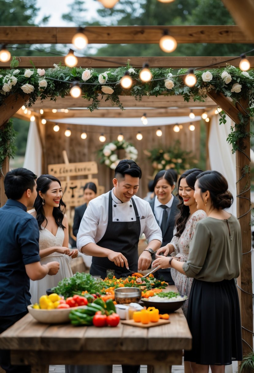 Guests gathered around an interactive cooking station at a small wedding, preparing food together in a warmly decorated space.