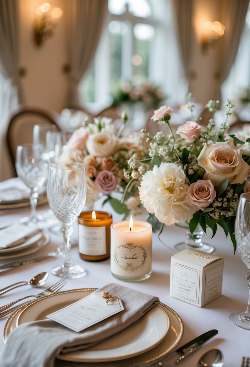A wedding table set for a small gathering with engraved candles and custom tea favors surrounded by flowers and fine tableware.