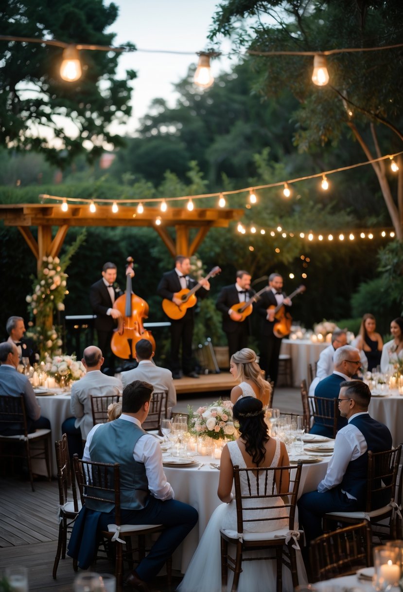 An outdoor wedding reception with guests seated at decorated tables and a live string quartet performing on a small stage.