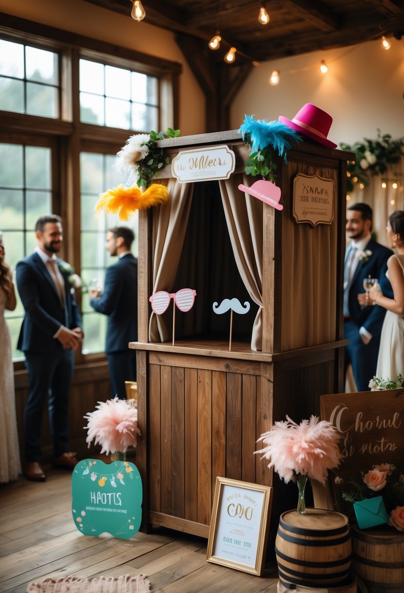A vintage photo booth with wedding props set up in a small, cozy wedding venue with guests nearby.