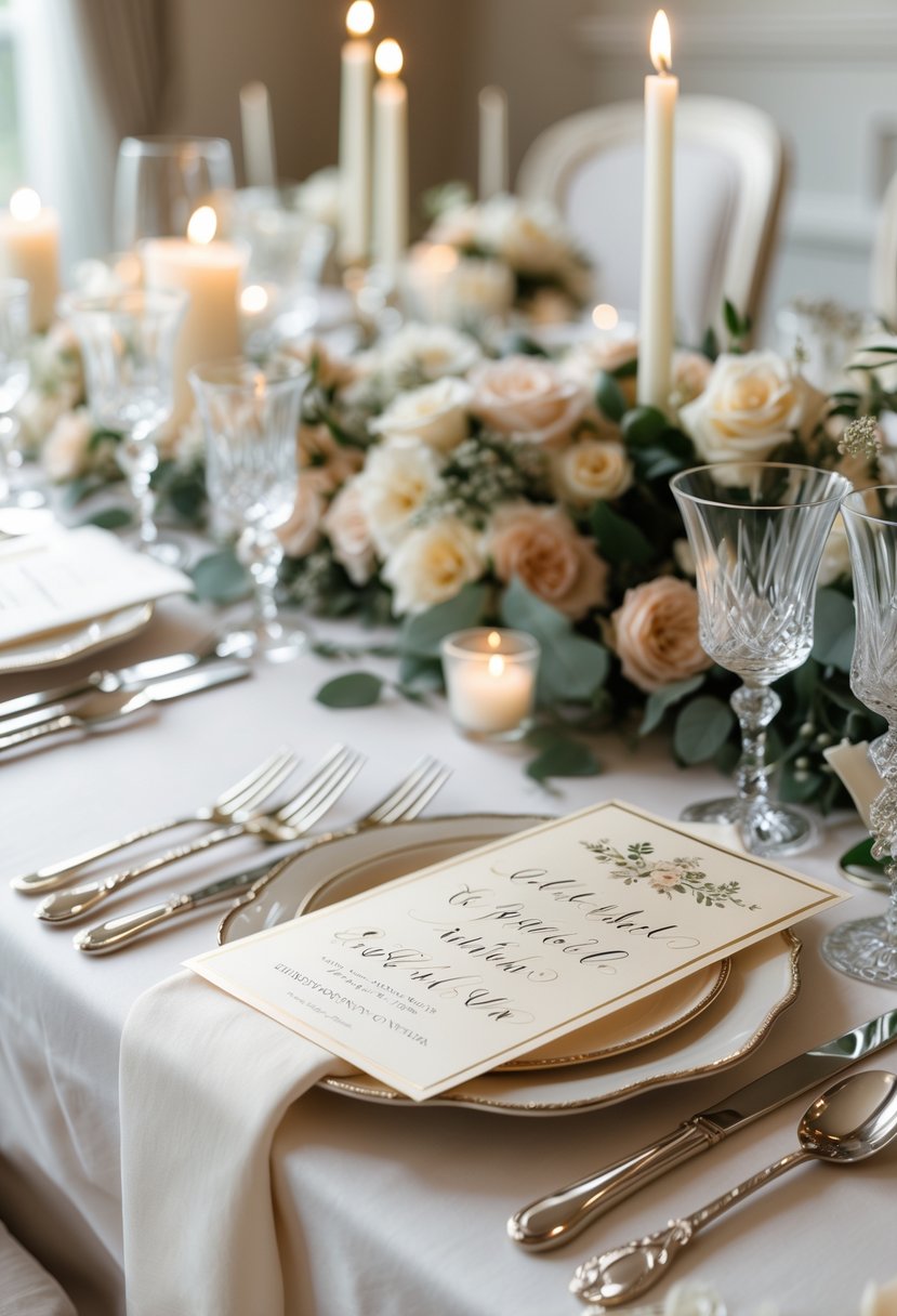 A close-up of a wedding table set for a small gathering with elegant cards, flowers, candles, and polished tableware.
