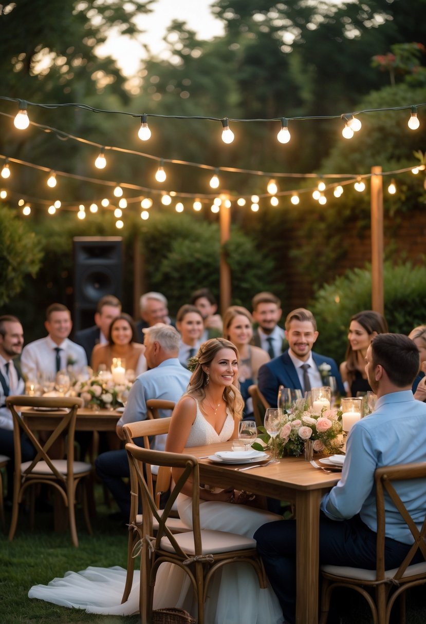 An outdoor small wedding with about 50 guests seated at decorated tables under string lights, enjoying a cozy and intimate celebration.