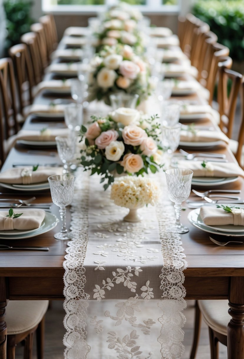A long wooden table set for a small wedding with a white lace table runner, floral centerpieces, and elegant tableware.