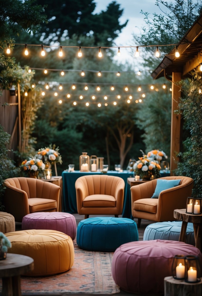 A small wedding setup with plush armchairs and poufs arranged outdoors surrounded by greenery and soft lighting.