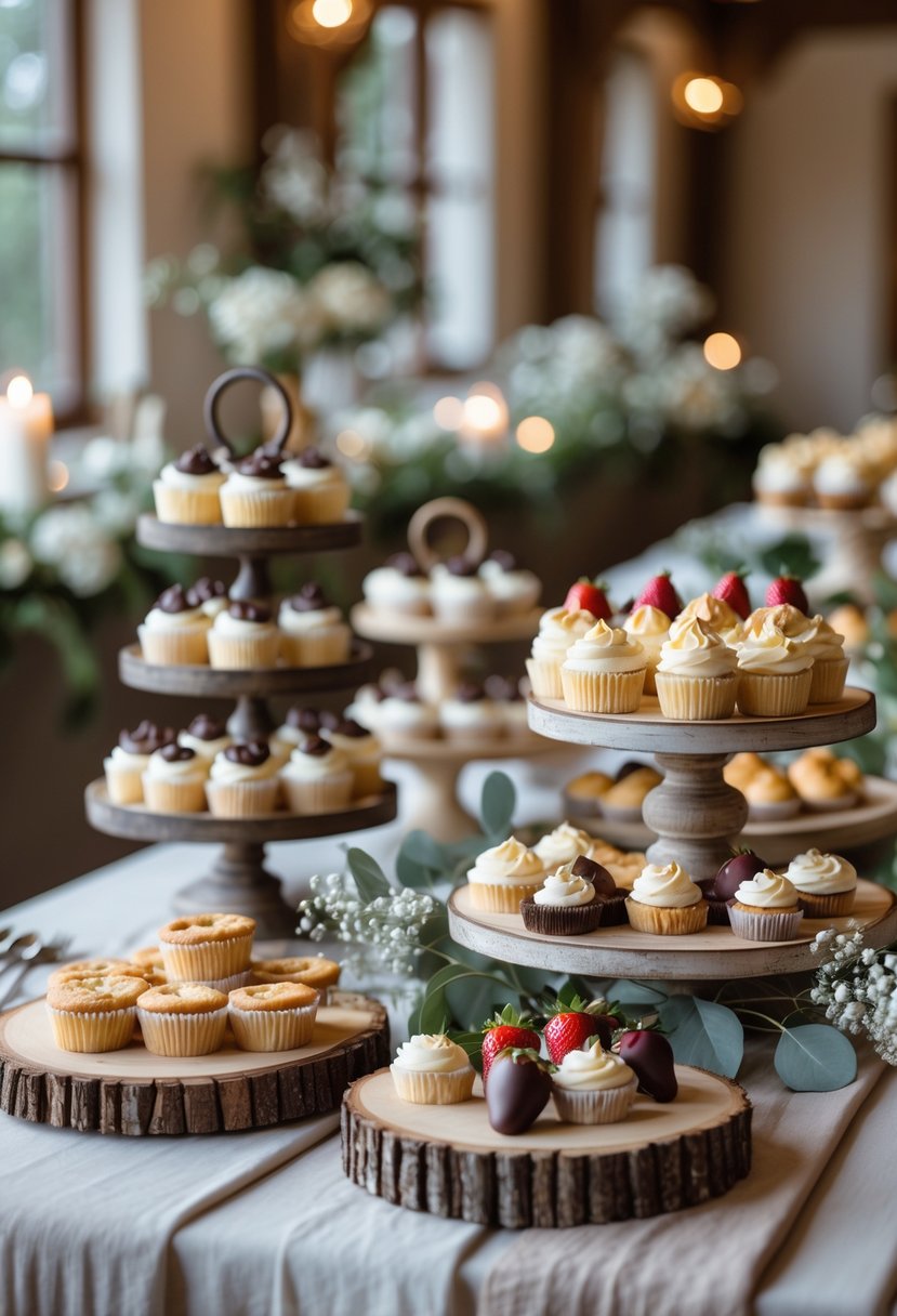 A small dessert buffet table with cupcakes, cookies, mini pies, and flowers set up for a cozy wedding.