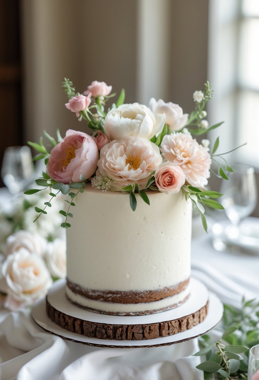 A single-tier wedding cake decorated with fresh flowers on a white tablecloth in an intimate wedding setting.