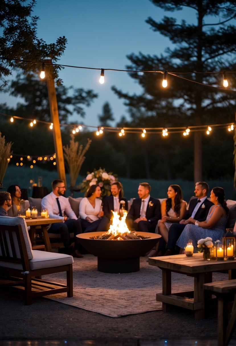 A group of people sitting around a fire pit outdoors, enjoying relaxed conversations after dinner at a small wedding gathering.