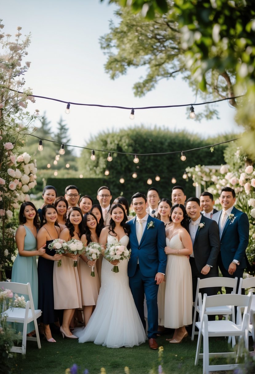 A bride and groom surrounded by about 50 guests smiling and celebrating together outdoors in a decorated garden setting.