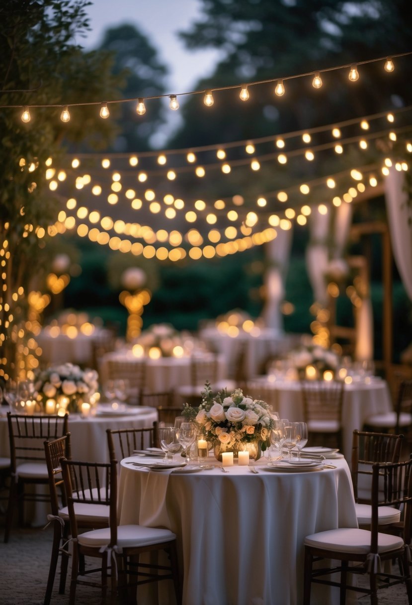 An elegantly decorated small wedding venue with tables set for 50 guests, softly lit by fairy lights and candles creating a warm atmosphere.