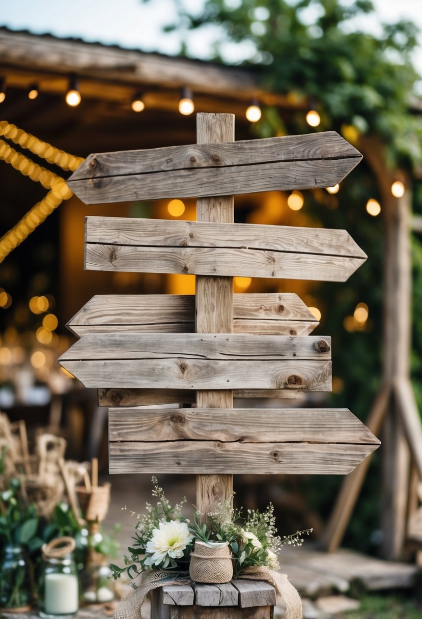 Rustic wooden directional signs outdoors with a cozy small wedding setup in the background.