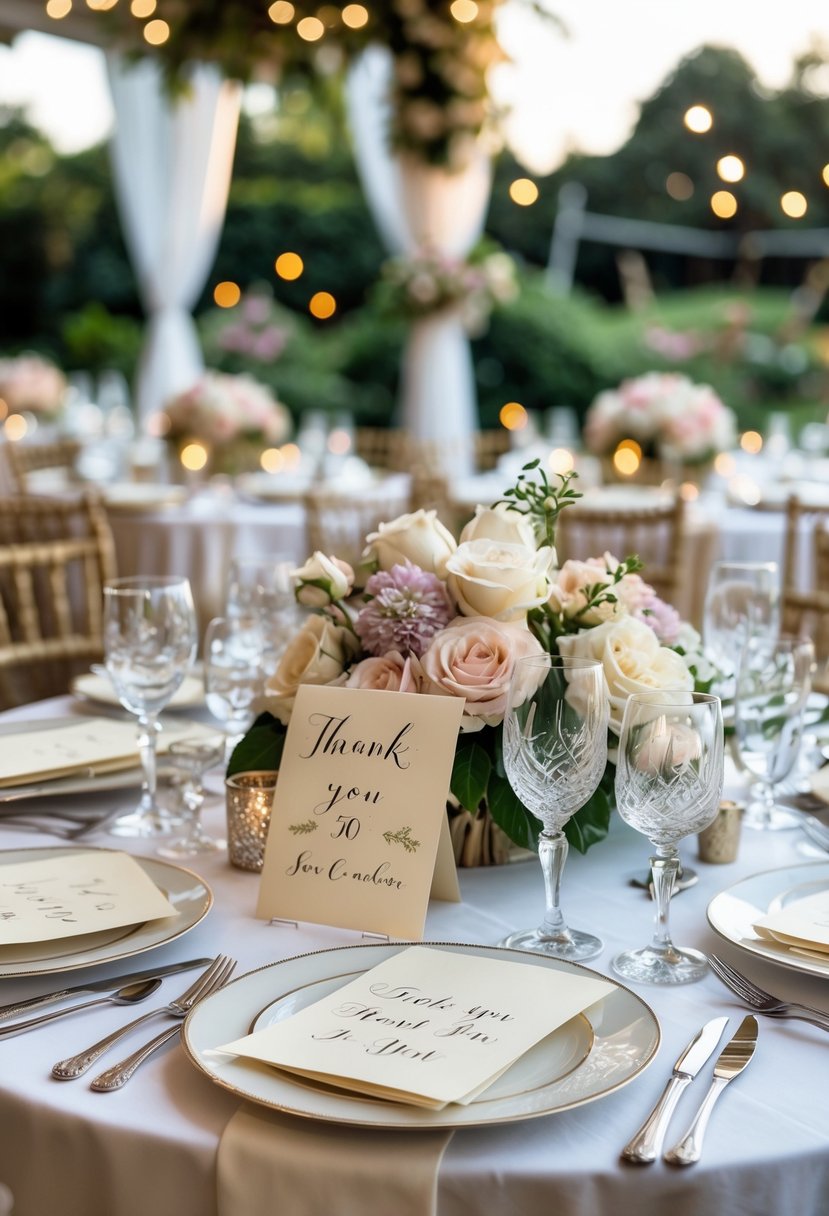 A small wedding reception table set with floral centerpieces, fine tableware, and handwritten thank-you notes at each seat in an outdoor garden setting.