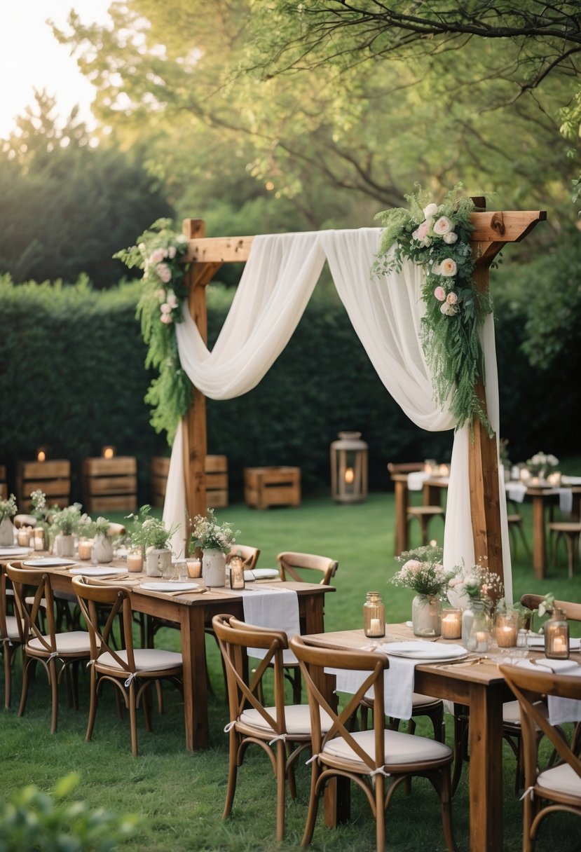 An outdoor rustic wedding setup with wooden chairs, a floral-decorated arch, and tables arranged for a small gathering.