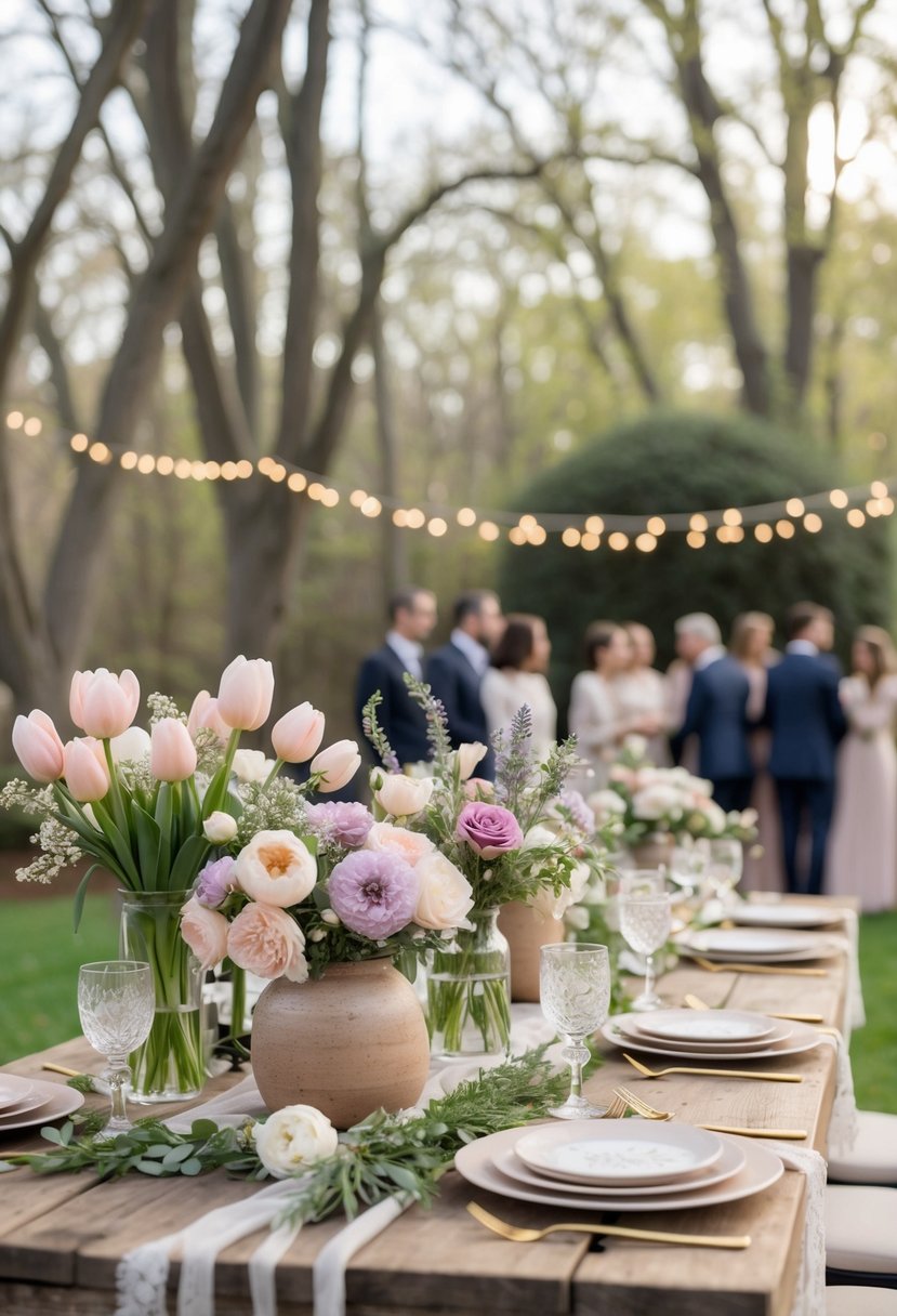 An outdoor wedding setup with a wooden table decorated with seasonal flower bouquets and guests mingling nearby.