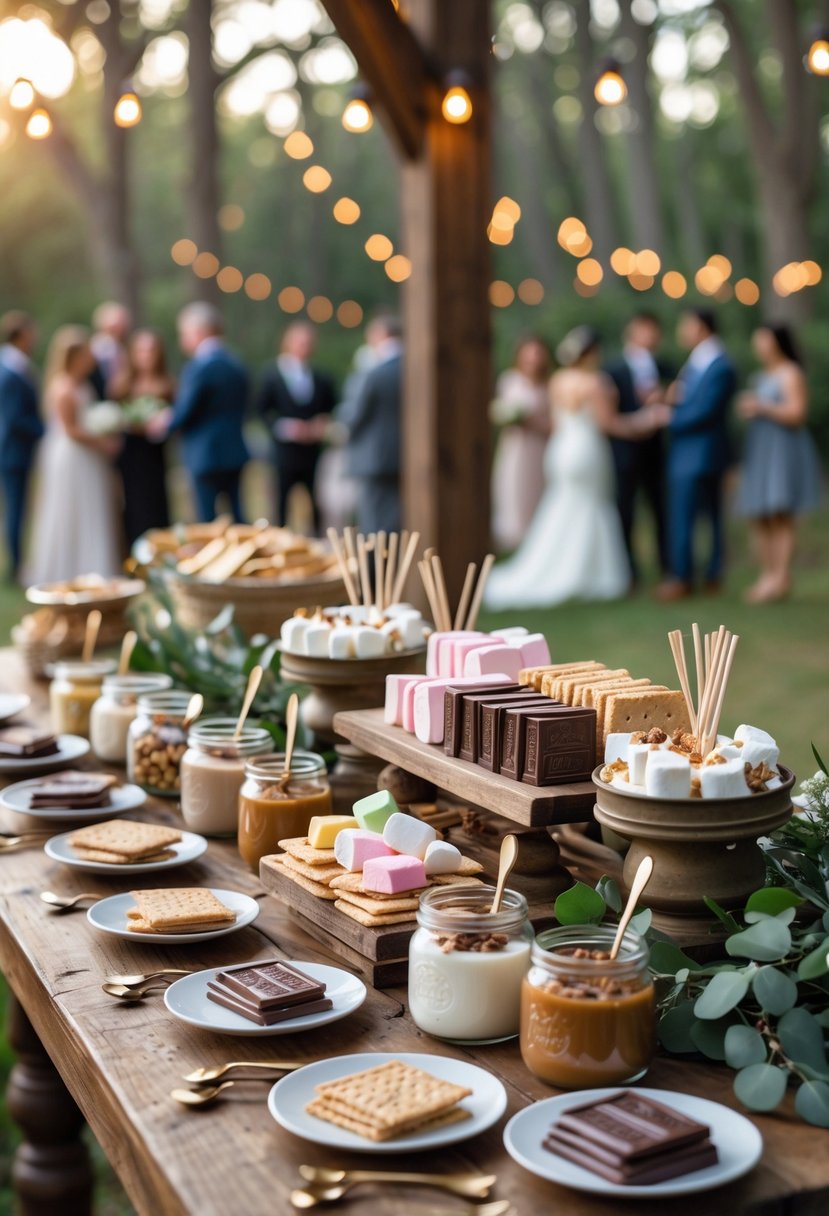 A s’mores bar with gourmet ingredients set up on a wooden table at a small outdoor wedding with soft lighting and floral decorations.