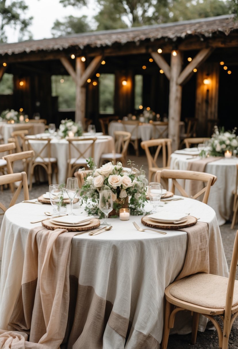 Tables set with soft, varied-color linens and simple floral centerpieces in a rustic wedding venue prepared for a small gathering.