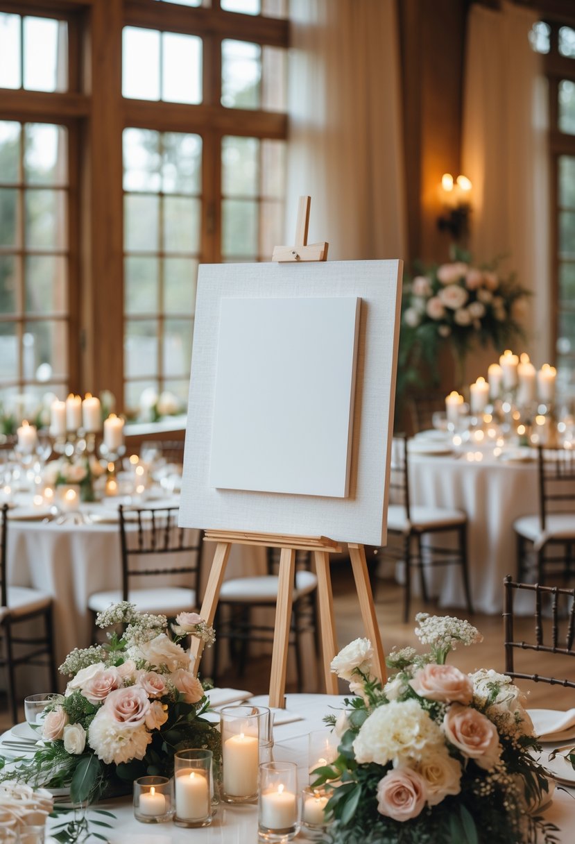 An elegant small wedding setup featuring a custom art piece on an easel for guests to sign, surrounded by floral arrangements and candles in a cozy indoor venue.