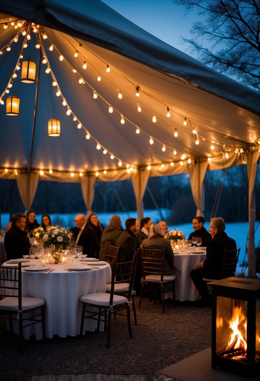 A cozy heated tent set up for a small wedding with about 50 guests on a chilly evening, featuring warm lighting and guests dressed for cool weather.