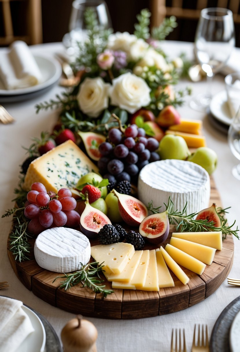 A gourmet grazing board with local cheeses and fresh fruits arranged on a wooden board, set on a wedding table with floral decorations.
