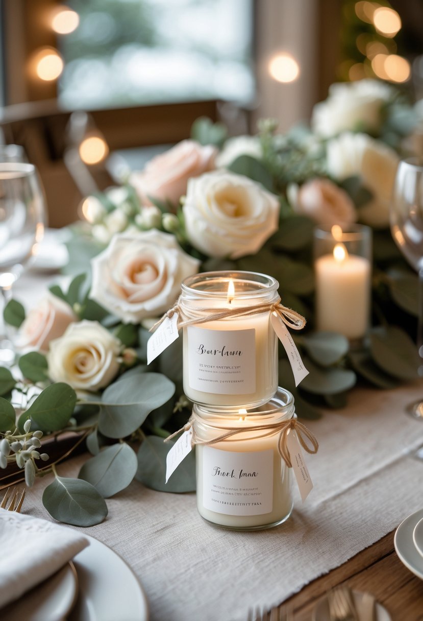A wedding table with personalized scented candle favors, floral decorations, and warm lighting for a small intimate wedding.