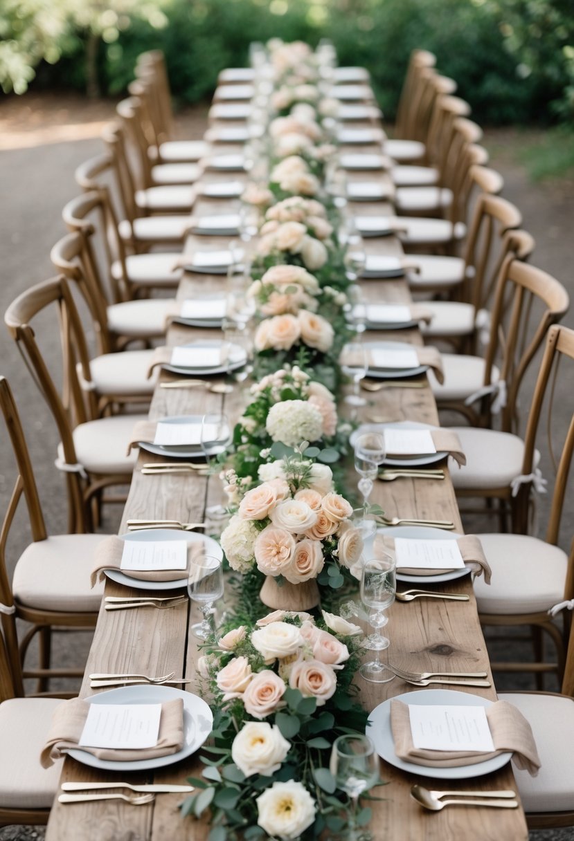 A long wooden table outdoors set for a small wedding with low floral centerpieces and wooden chairs surrounded by greenery.