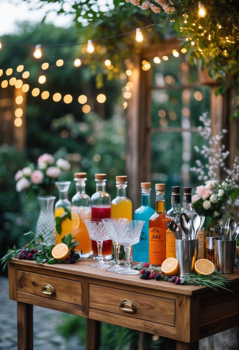 A cocktail mixing station with glassware, bottles, fresh garnishes, and utensils set up outdoors for a small wedding.
