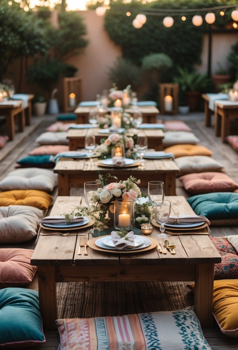 Low wooden tables with floor cushions arranged for an intimate wedding gathering with floral centerpieces and candles.