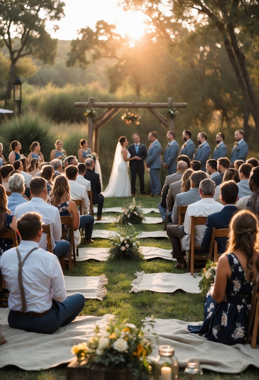An outdoor wedding ceremony with guests sitting on coordinated blankets on grass, surrounded by trees and rustic decorations.