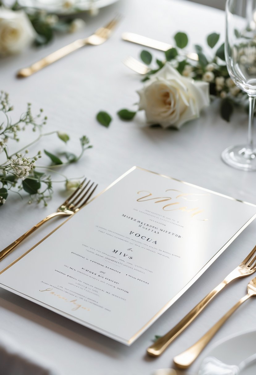 A table setting with minimalist wedding menus featuring gold and silver foil accents, surrounded by small white flowers and greenery.