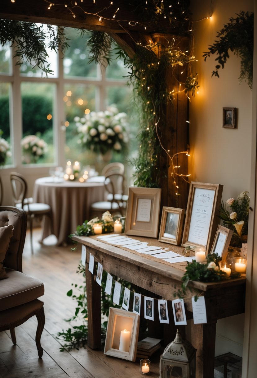 A cozy wedding corner with photos and keepsakes showing a couple’s journey, surrounded by intimate seating and soft lighting.