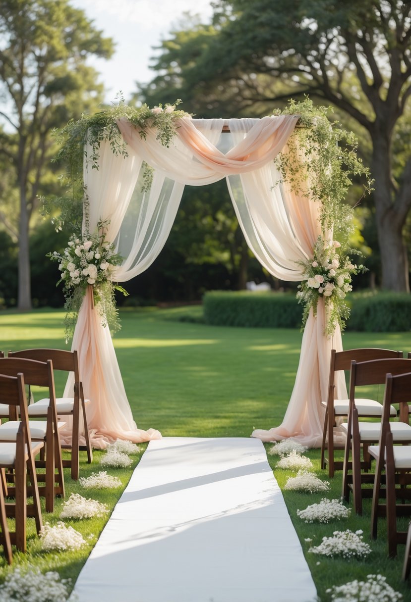 An outdoor wedding ceremony arch decorated with flowing fabrics and greenery, surrounded by chairs on a grassy area.