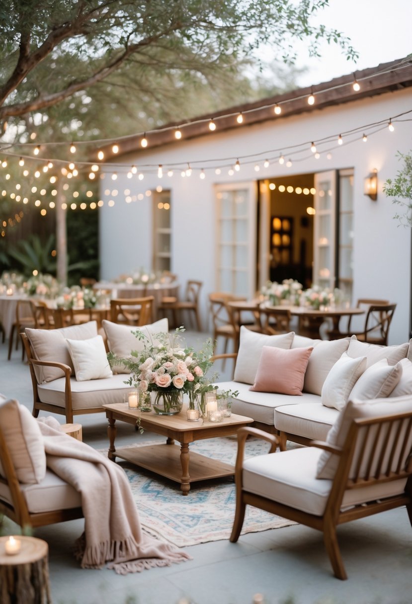 A cozy lounge area with pillows and throws arranged for a small wedding gathering.