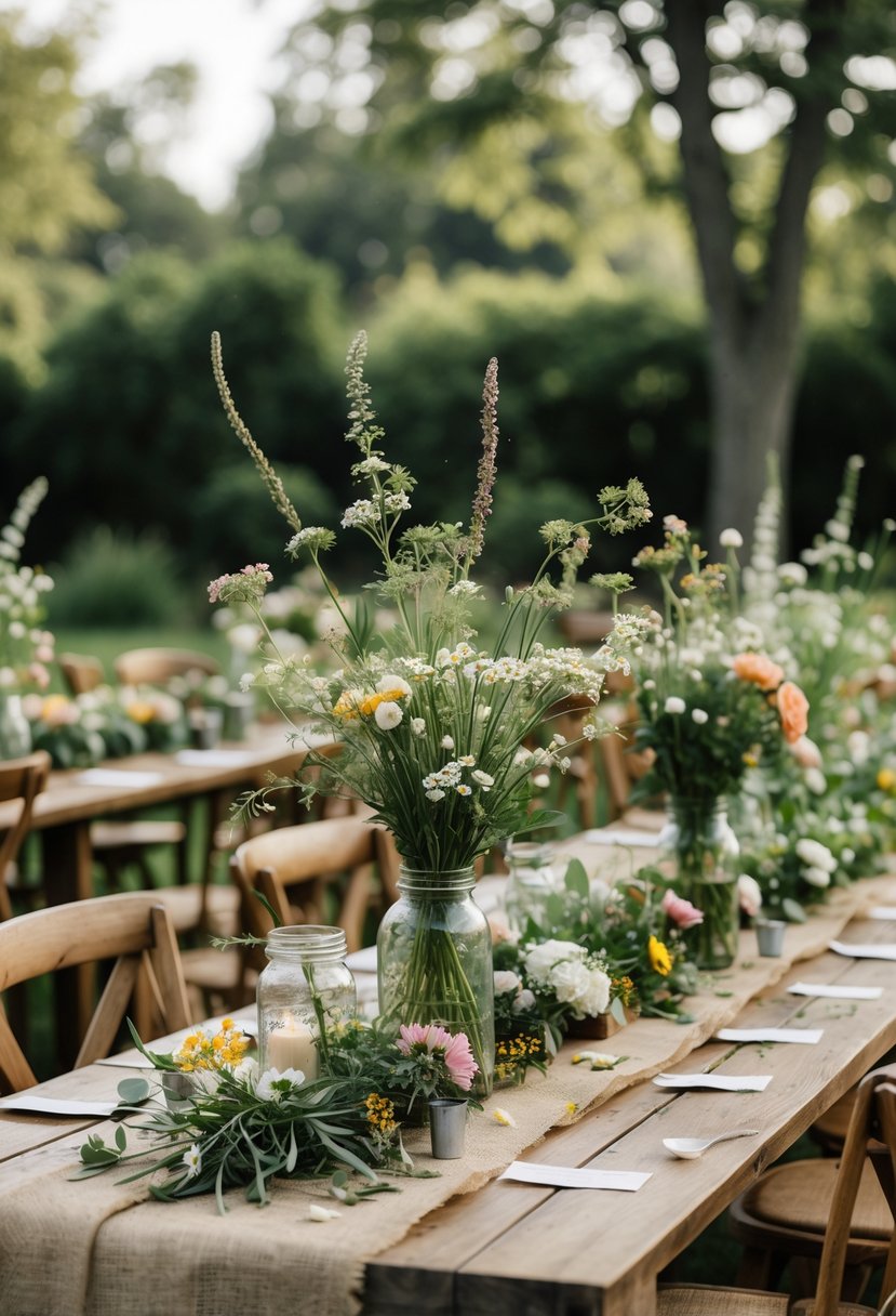 Outdoor wedding tables decorated with garden-grown flower centerpieces and rustic wooden chairs in a garden setting.