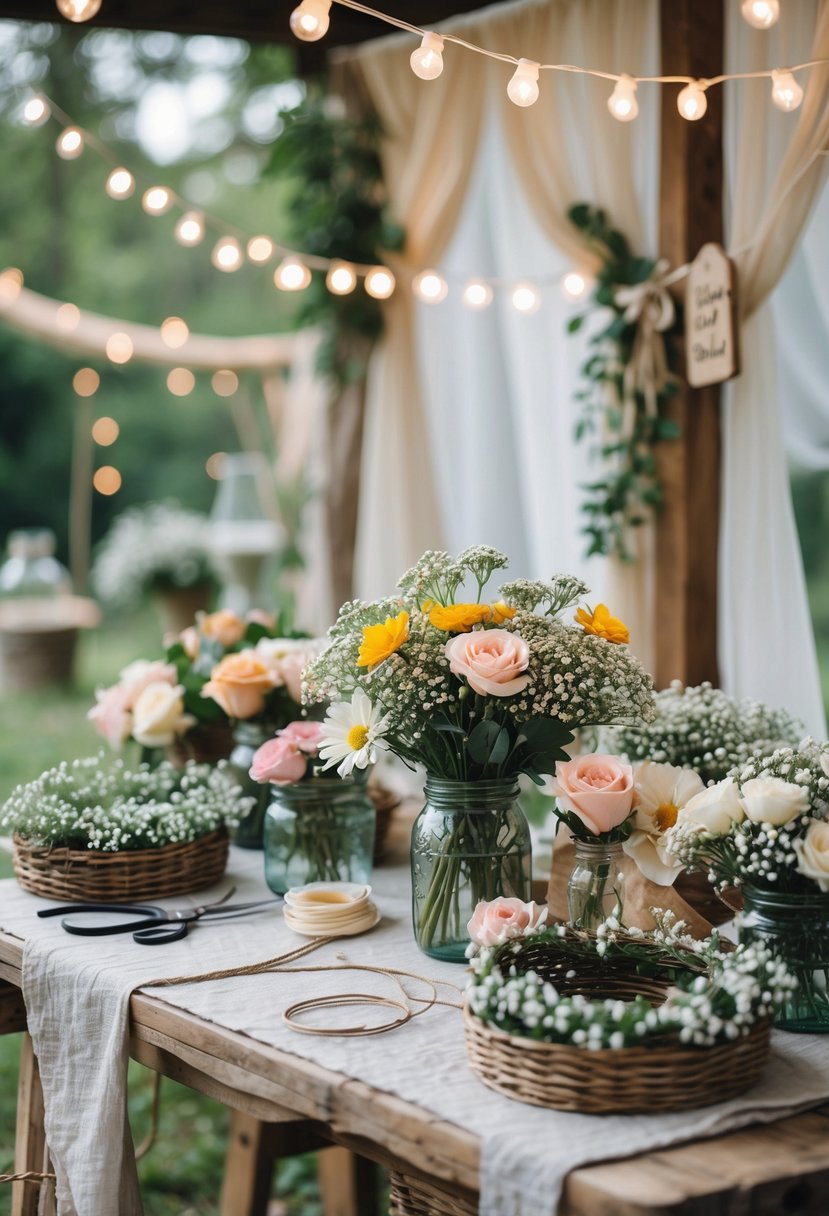 A table set up with fresh flowers, floral supplies, and crafting tools for making flower crowns at a small wedding.