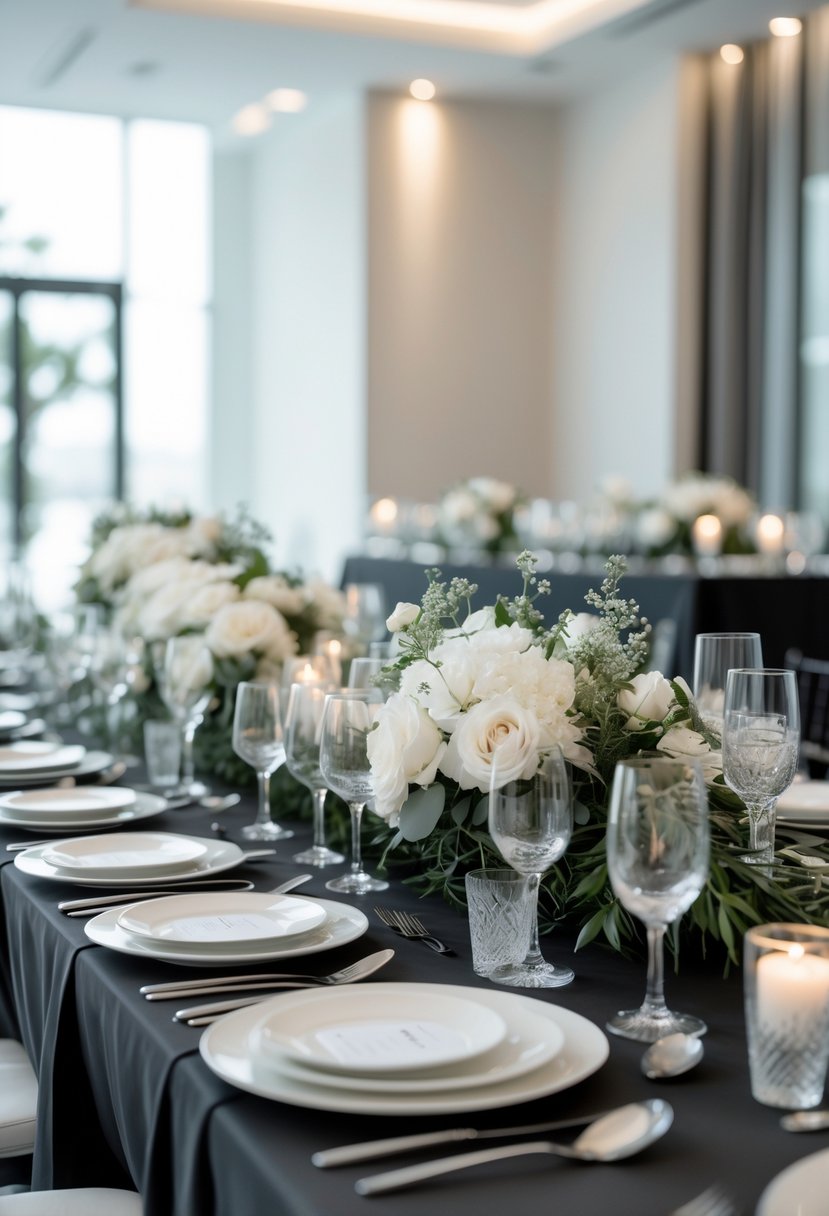 A small wedding reception setup with a long table set for guests, decorated with white flowers and simple tableware in a monochrome color scheme.