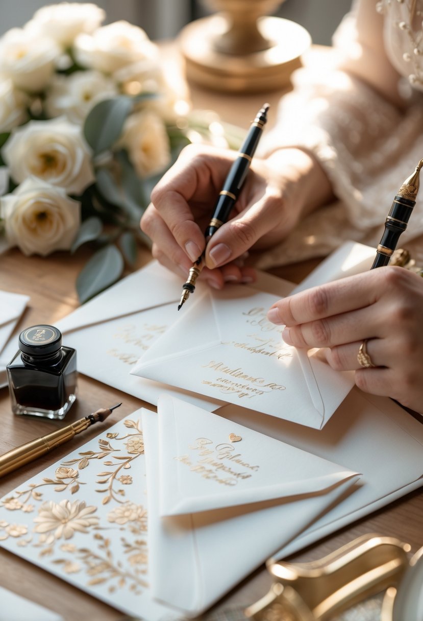 A person writing on wedding envelopes by hand with a calligraphy pen at a tidy table.