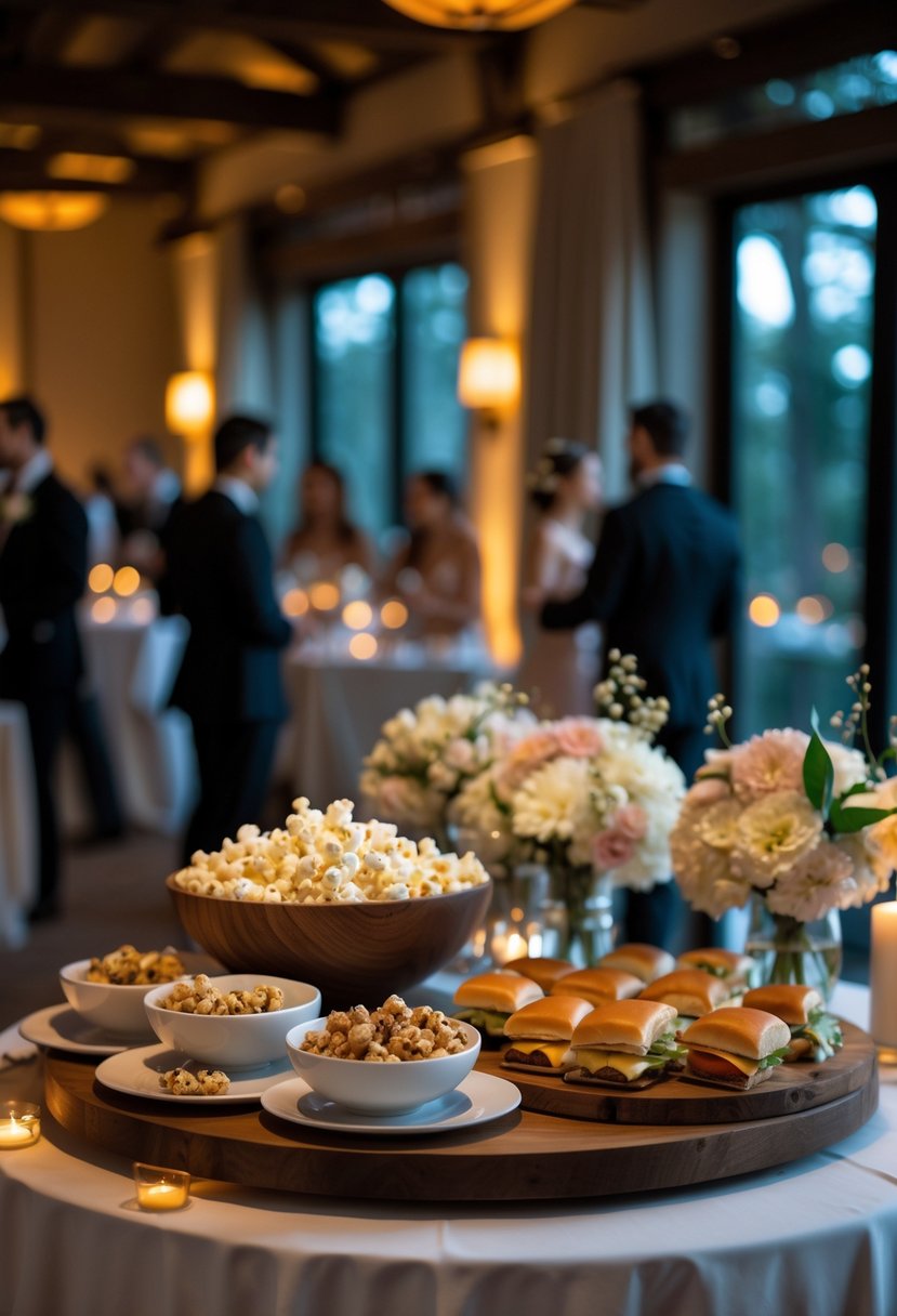 A late-night snack table at a small wedding with truffle popcorn and sliders, surrounded by softly lit decorations and guests in the background.