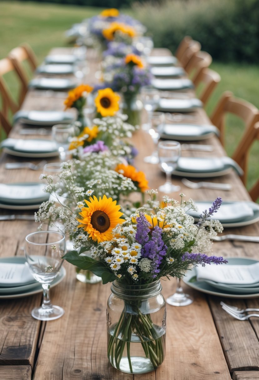 Wooden tables outdoors decorated with colorful wildflower bouquets in glass jars for a small wedding.