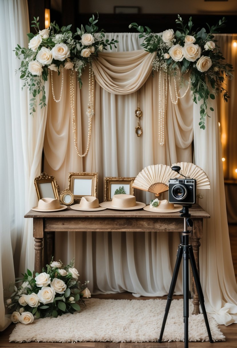 Photo booth area with vintage props and an elegant fabric backdrop decorated with flowers, set up for a small wedding celebration.