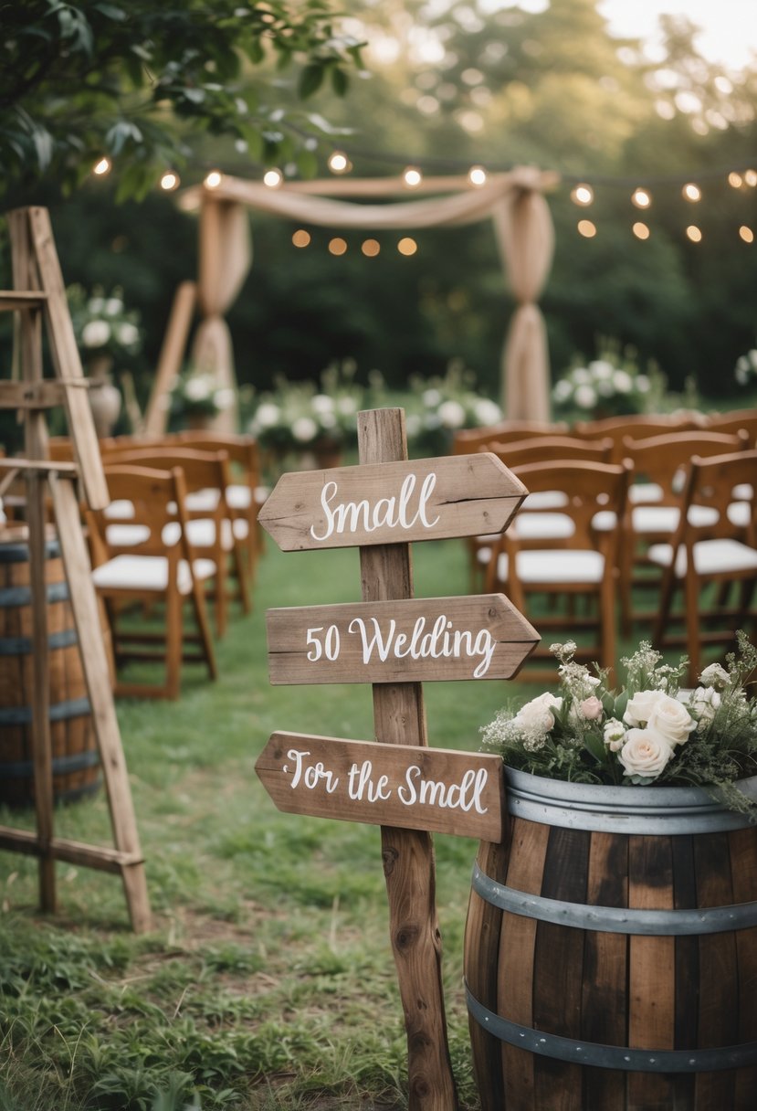 Outdoor wedding setup with rustic wooden signs and decorated chairs surrounded by greenery and flowers.