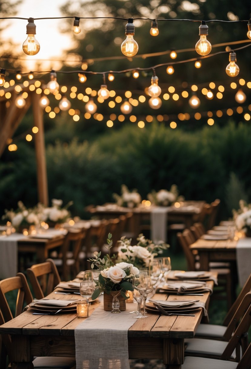 Outdoor small wedding setup with wooden tables and chairs, decorated with floral centerpieces and string lights hanging overhead.