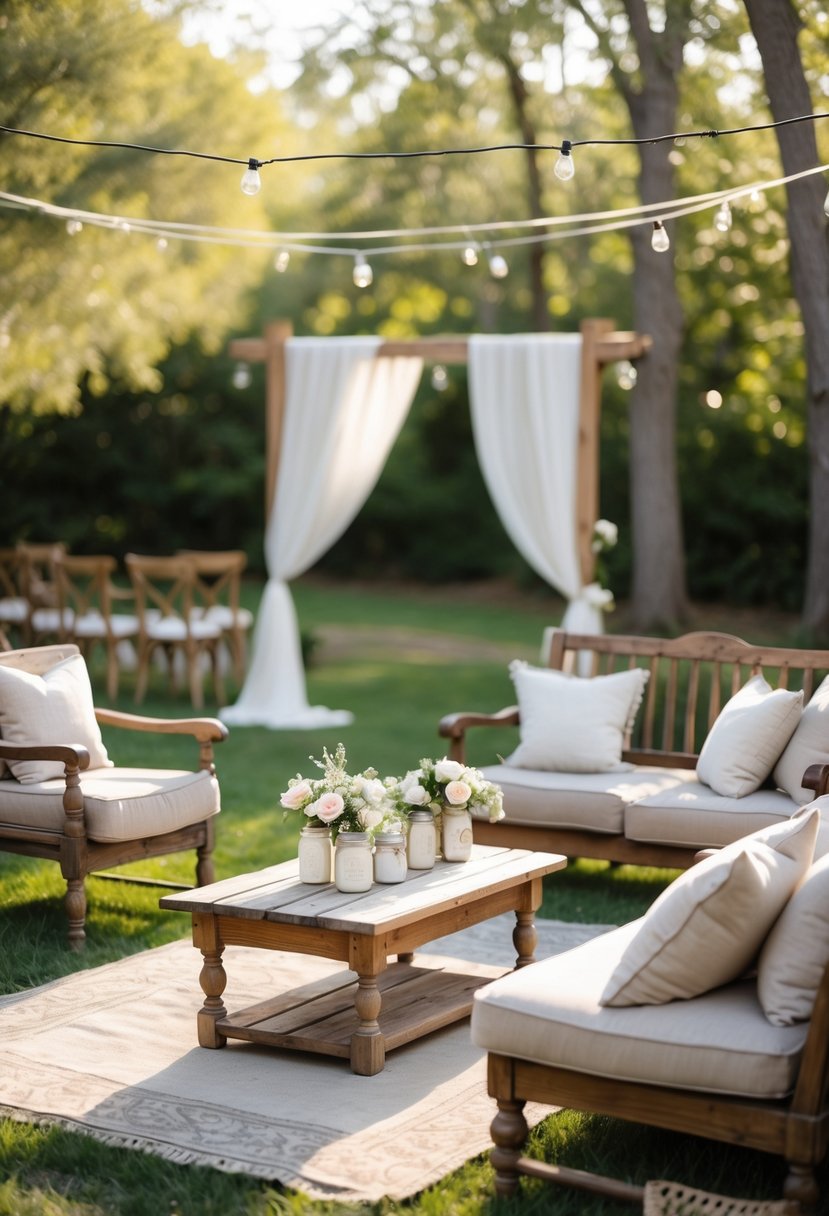 Outdoor lounge area with vintage wooden furniture and floral decorations set up for a small wedding.