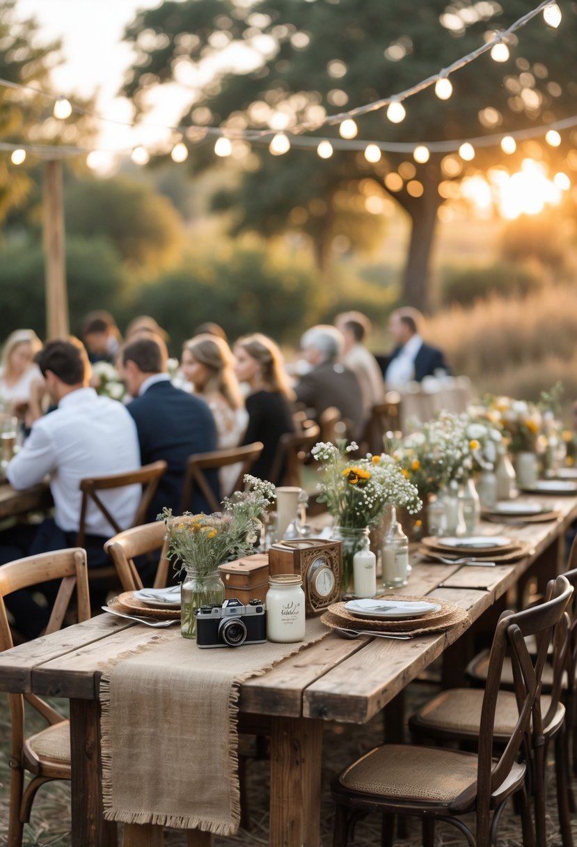 A small outdoor wedding reception with wooden tables decorated with vintage collectibles, wildflowers, and string lights, surrounded by guests seated on wooden chairs.