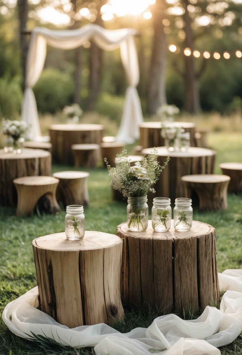 Outdoor wedding setup with tree stump stools and side tables arranged on grass surrounded by flowers and greenery.