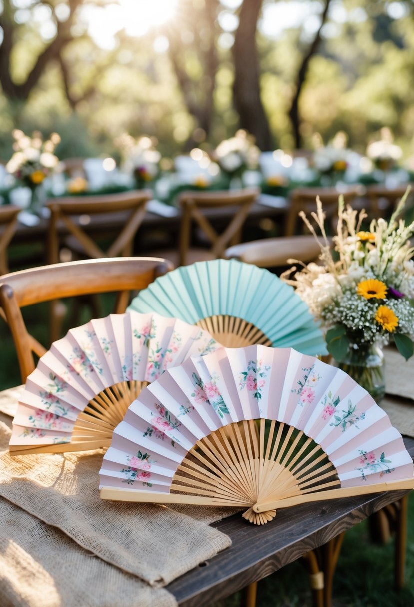 Paper fans with floral prints arranged on a wooden table at an outdoor small wedding setup.